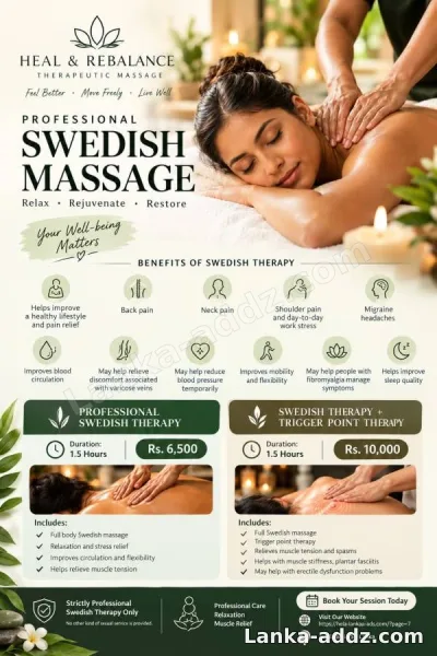 Title : Professional Swedish Massage Therapy | 90-Minute Sessions from Rs. 6,500, Companionship in Maharagama, Sri Lanka