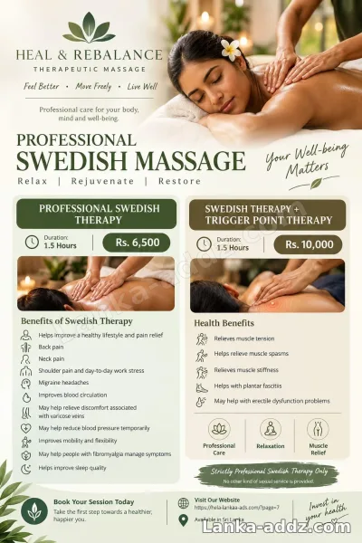Professional Swedish Massage Therapy | 90-Minute Sessions from Rs. 6,500, Wellness & Massage in Maharagama, Sri Lanka
